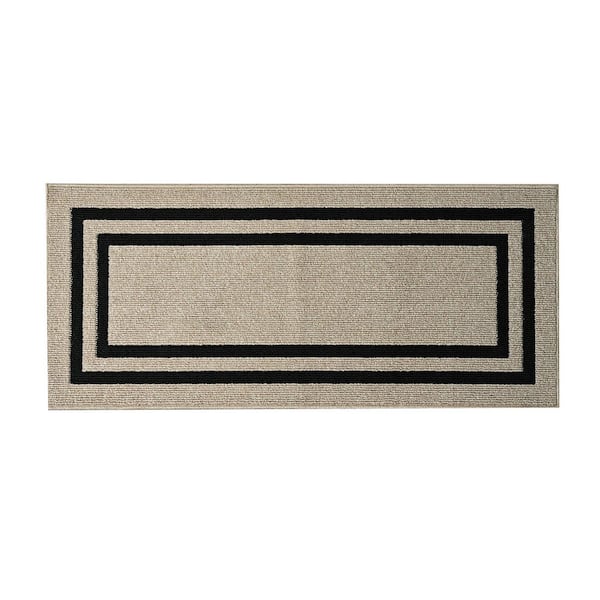 Washable Skid Resistant Natural Twist/Black 2.2 ft. x 5 ft. All Loop Tufted Area Rug