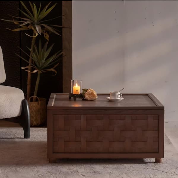 31.50 in. Brown Square Solid Wood Farmhouse Coffee Table with Storage