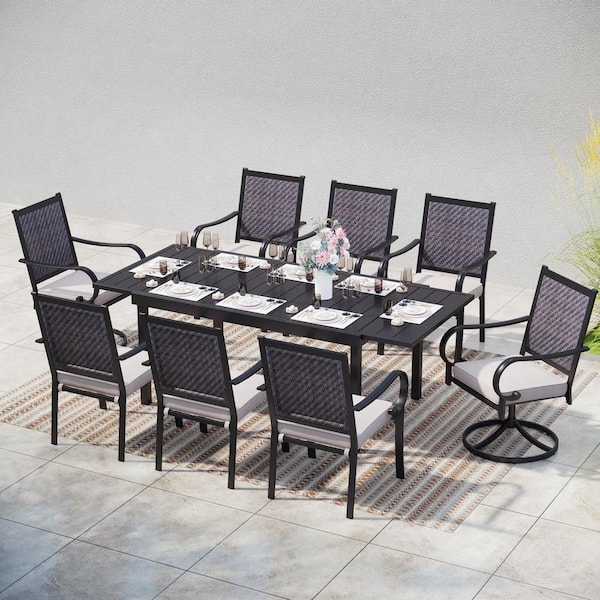 PHI VILLA Black 9-Piece Metal Patio Outdoor Dining Set with Extendable Table and Rattan Arm Chairs with Beige Cushion