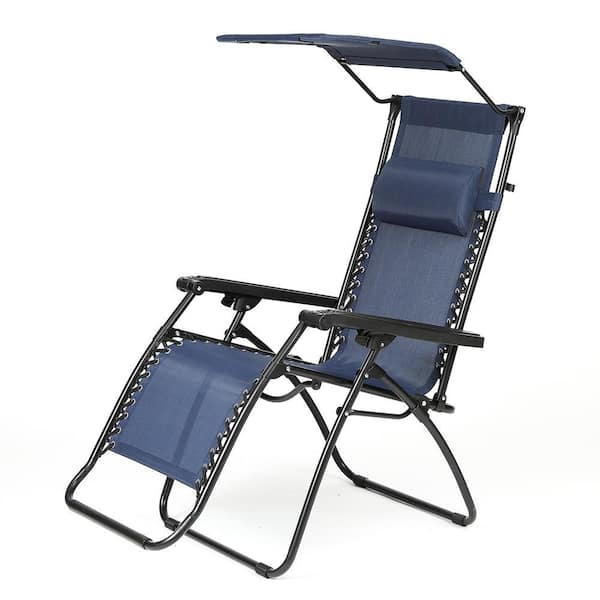 LuxenHome Zero Gravity Metal Outdoor Lounge Chair in Blue with Canopy