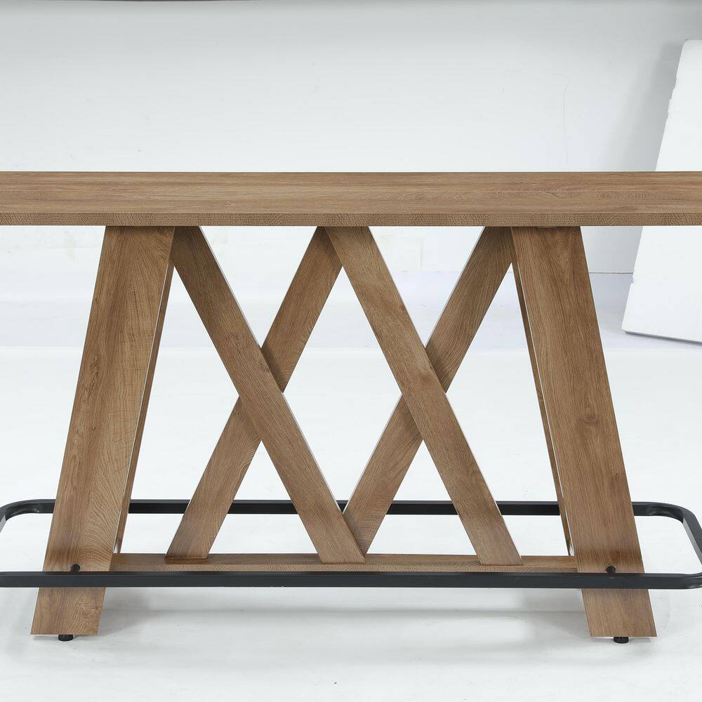 37 in. H Brown Wood X‑Braced Rectangular Counter Height Bar Table for Kitchen,Pub Bar with Metal Footrests for Home Bar