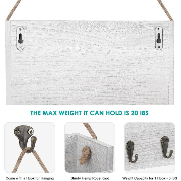 Gray-Whitewash Rustic Key Hangers and Mail Sorter, Wood Decorative Mail Shelf with 5-Hooks Key Holder