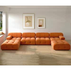 Flair A Flair 139 in. Square Arm 6-Piece Velvet U-Shaped Sectional Sofa in Orange
