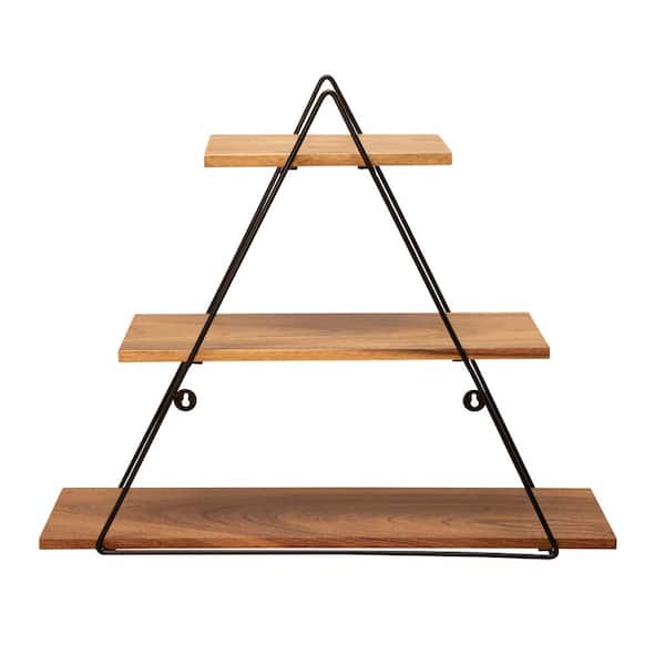 25 in. x 6.5 in. Brown Metal Triangle 3-Tiered Decorative Wall Shelf