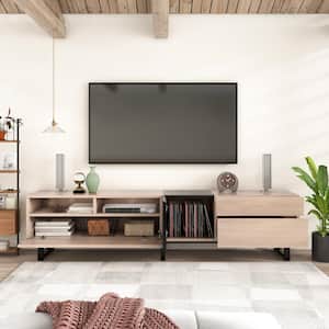 Natural Wood Modern TV Stand Fits TVs up to 80 in. Entertainment Center with Double Storage Space and Drop Down Door