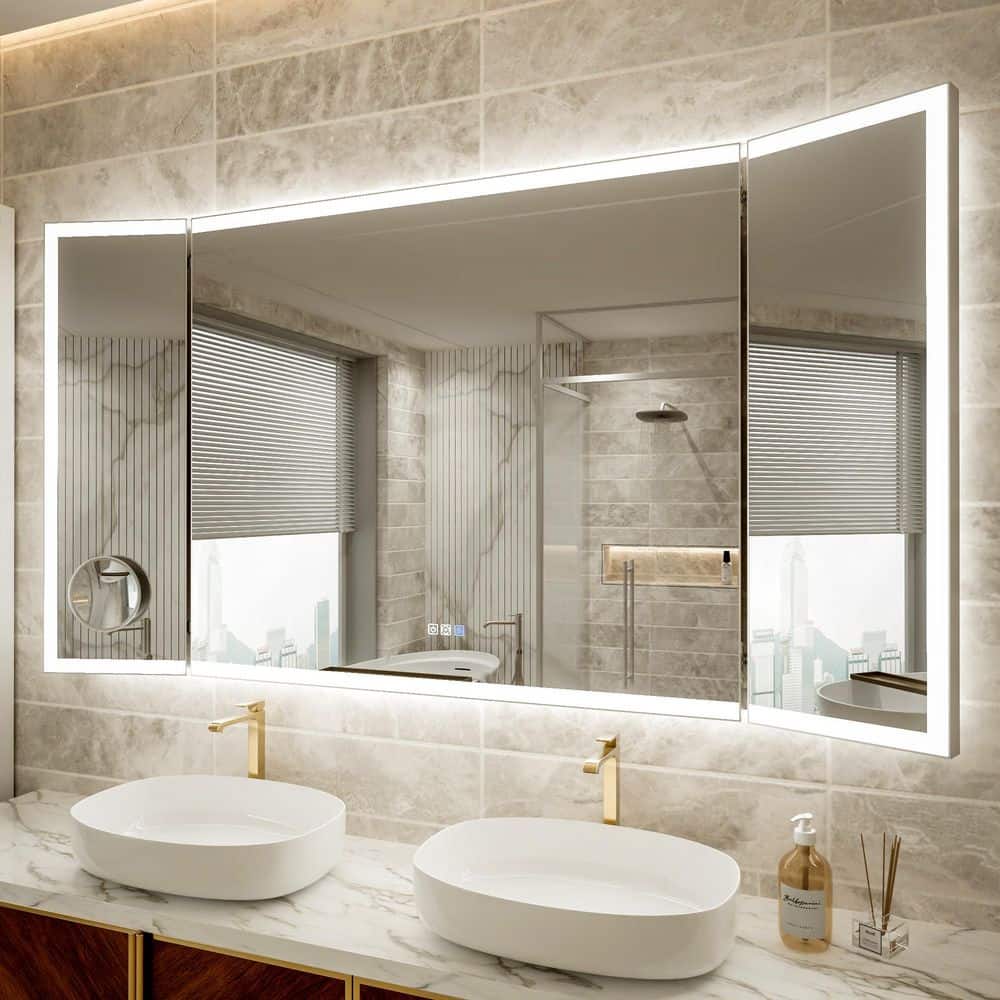 66 in. W x 36 in. H Rectangular Framed Tri-Fold Backlit Front Light LED Wall Bathroom Vanity Mirror, Defog 10x Magnifier price history on PriceWatchPro
