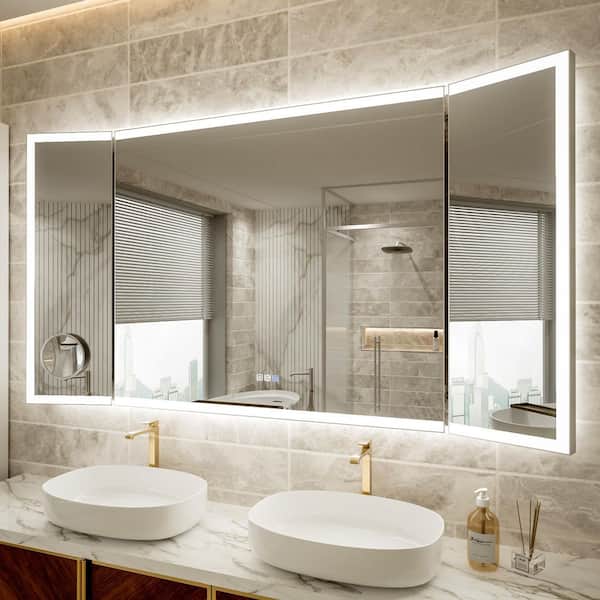 ANGELES HOME 66 in. W x 36 in. H Rectangular Framed Tri-Fold Backlit Front Light LED Wall Bathroom Vanity Mirror, Defog 10x Magnifier