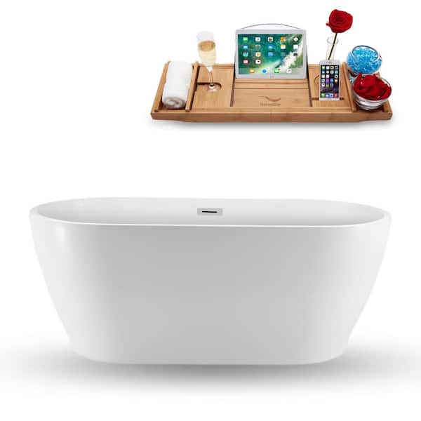 Streamline 59.1 in. Acrylic Flatbottom Non-Whirlpool Bathtub in Glossy White with Polished Chrome Drain and Overflow Cover