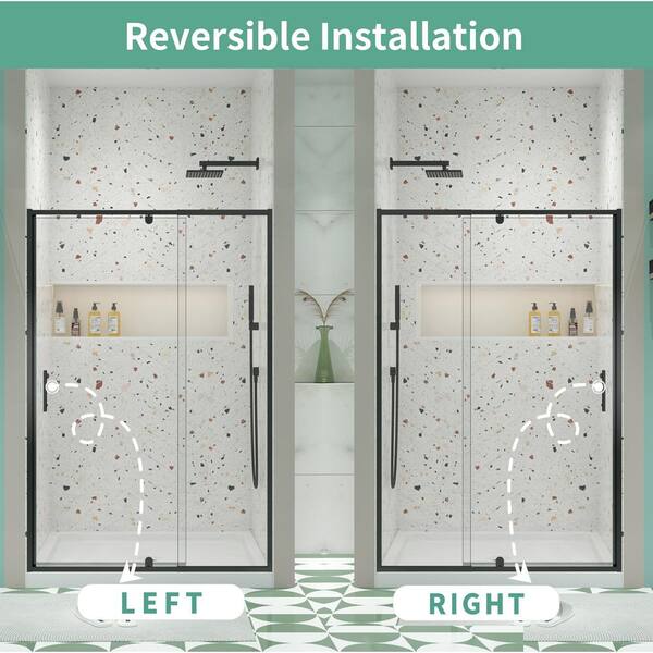 TOOLKISS 44 to 48 in. W x 71 in. H Framed Pivot Shower Door in Black with Clear Glass