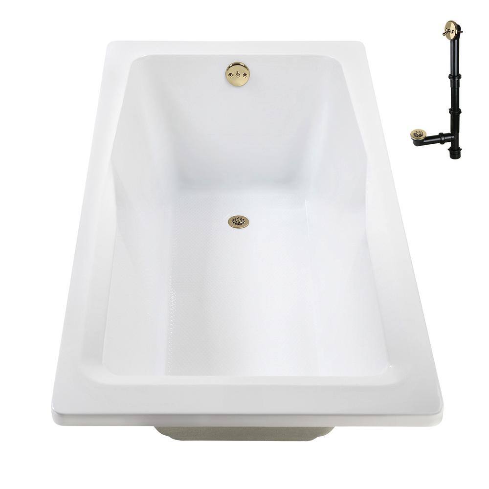 66'' Glossy White Acrylic Soaking Drop-In Bathtub with Polished Brass Drain