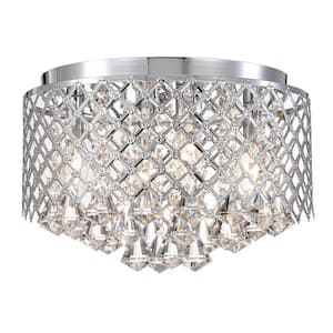 Clara 4-Lights Chrome Glam Flush Mount with Lattice Drum Shade and Clear Glass Hanging Crystals