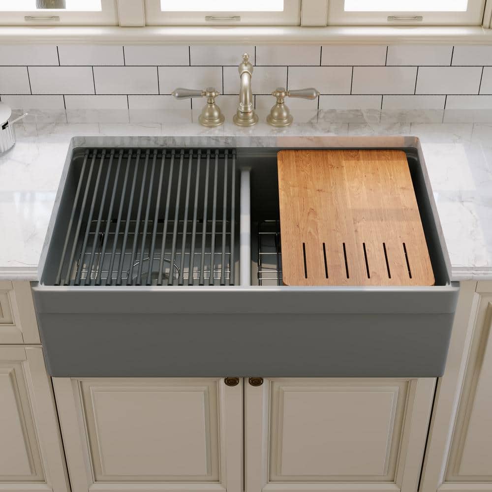 33" Matte Gray Fireclay Double Bowl Farmhouse Sink with Accessories
