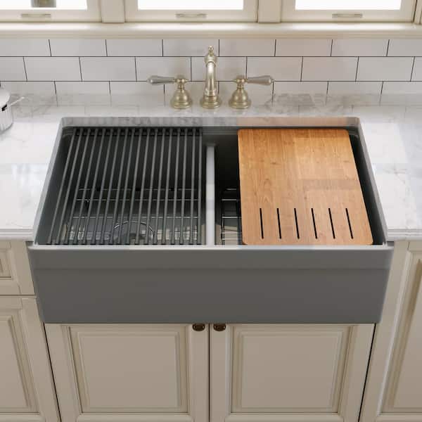 33 in. Fireclay Double Bowl Farmhouse Apron Undermount Workstation Kitchen Sink in Gray with Accessories