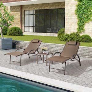 Aluminum Outdoor Lounge Chair in Brown with Brown Side Table (2-Pack)