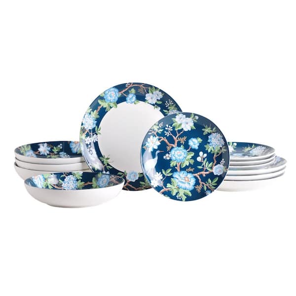 Nightingale 12-Piece Porcelain Dinnerware Set, Blue, Round, Service for 4, Microwave and Dishwasher Safe