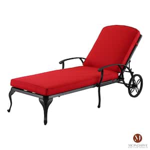 Aluminium Cast Outdoor Lounge Chair Chaise Recliner with Red Cushion (1-Pack)