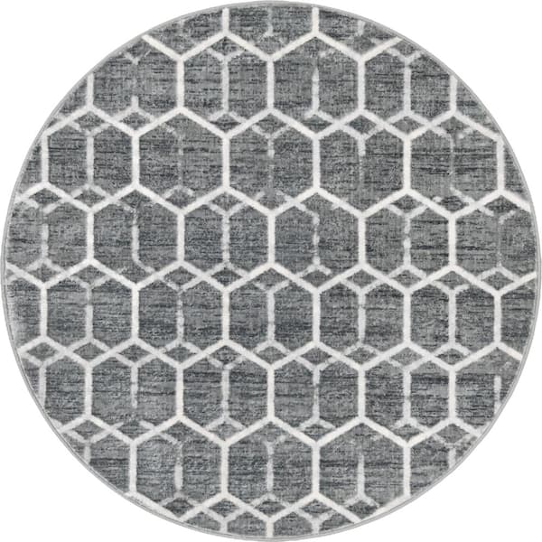 Unique Loom Matrix Trellis Tile Gray 3 ft. 3 in. x 3 ft. 3 in. Round Area Rug