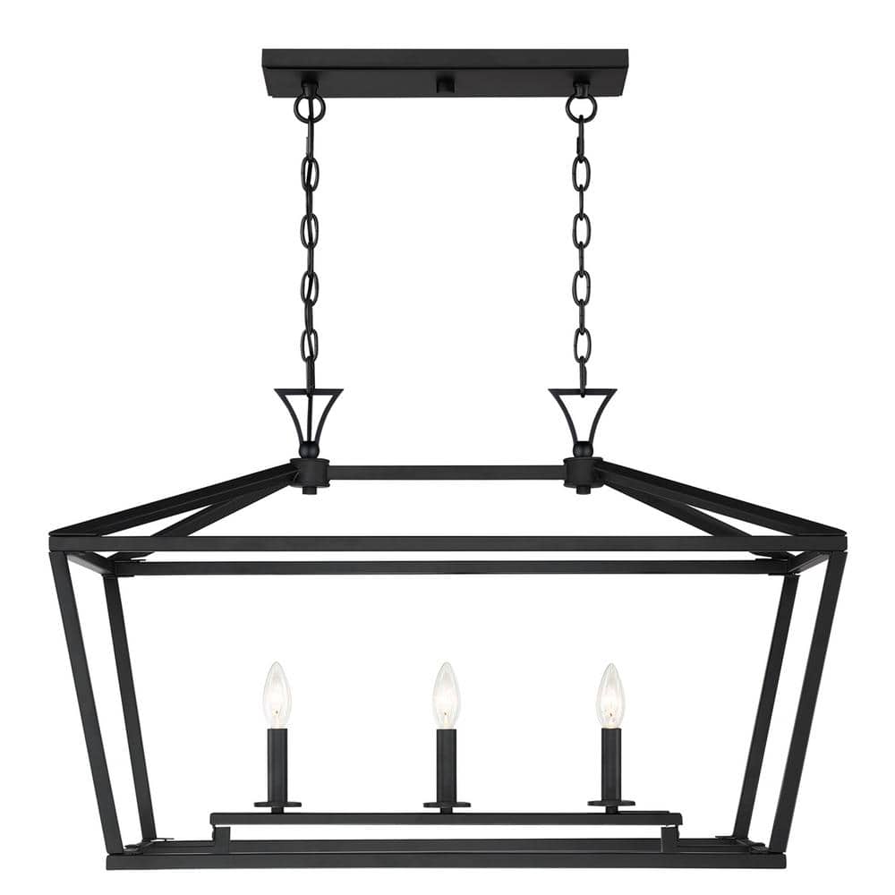 Matte Black 3-Light Linear Chandelier with Open Lantern Design