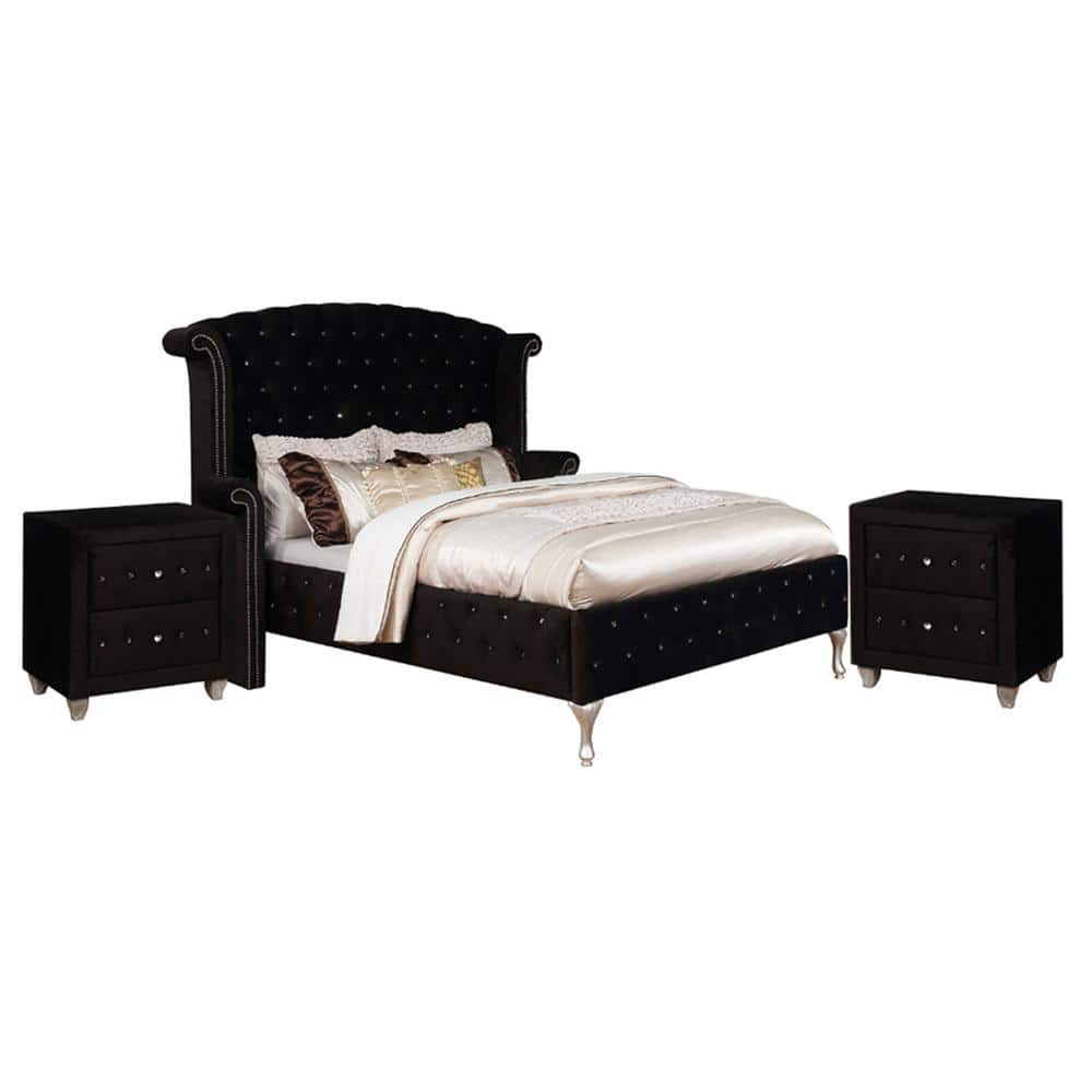 Furniture of America Nealyn 3-Piece Black Queen Wood Upholstered ...