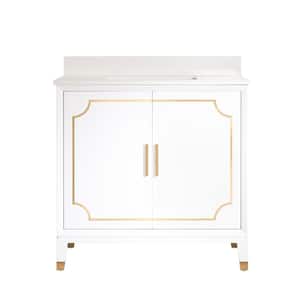 36 in. Solid Wood Freestanding Bath Vanity in White, White Quartz Top with Sink, Soft-Close Door, Brushed Gold Accents