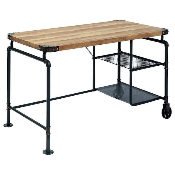 Benjara 23.62 in. Rectangular Black and Brown Wood Top 0-Drawer Writing Desk with Metal Frame