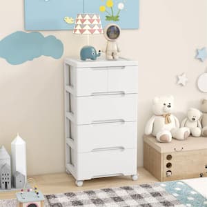 White 31 in. Plastic Rolling Storage Cart with 4 Universal Wheels 5-Drawer Dresser Cabinet