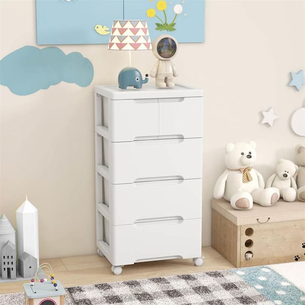 Costway White 31 in. Plastic Rolling Storage Cart with 4 Universal Wheels 5-Drawer Dresser Cabinet