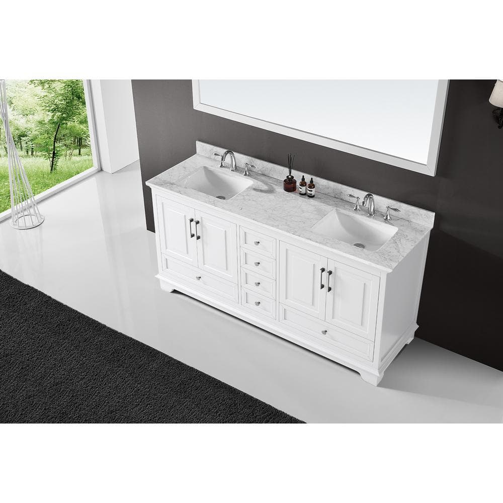 72'' White Double Bathroom Vanity with Carrara Marble Top