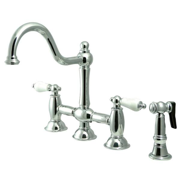 Kingston Brass Restoration 2-Handle Bridge Kitchen Faucet with Side Sprayer in Polished Chrome