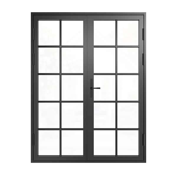 72 in. x 80 in. Black Double Slide Finished Aluminum 10 Lite Double Glazed Tempered Glass Center-Hinged Patio Door