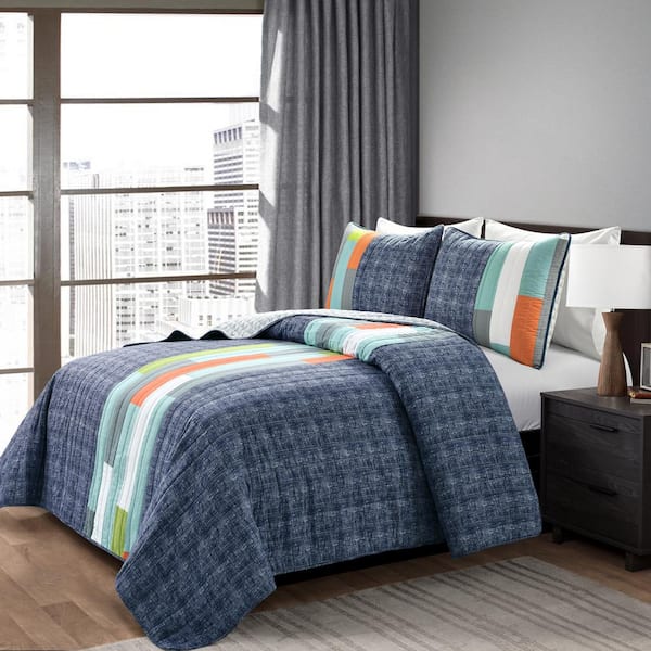 Shelly Stripe Navy/Orange Quilt Full/Queen Set (3-Piece)