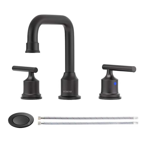 WOWOW 8 in. Widespread Double Handle Bathroom Faucet with Drain Kit in Matte Black