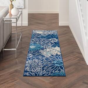 Passion Navy/Ivory 2 ft. x 6 ft. Floral Contemporary Kitchen Runner Area Rug