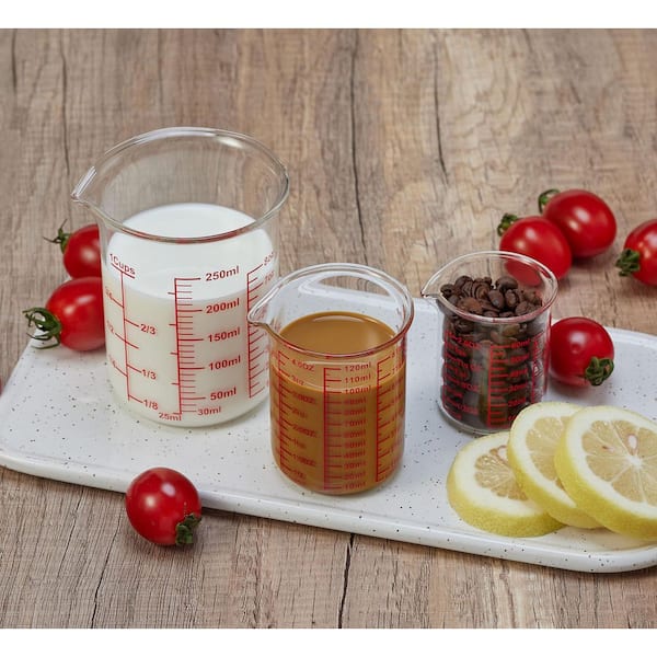 3-Piece Borosilicate Glass Measuring Cup Set with Pour Spout, 60ml 120ml 250ml, Easy to Read Markings