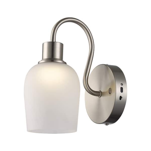 9.88 in. 1-Light Brushed Nickel LED Rechargeable Battery Operated Wall Sconce with Frosted Glass Shade, Remote Included