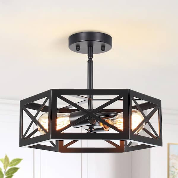 14.56 in. 2-Light Black Modern Farmhouse Pendant Light, Geometric Frame for Pendant Light Kitchen Island