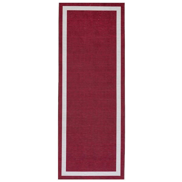 Everest Burgundy Creme 2 ft. 2 in. x 6 ft. Machine Washable Geometric Modern Border Polyester Non-Slip Backing Area Rug
