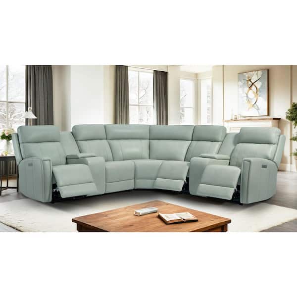 Rhett 116" in. Genuine Leather Power Recliner Sectional Sofa with USB&USB-C Port, 1 Power Armlesschair in. SeaFoam