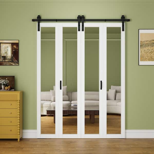 72 in. x 84 in. 1-Lite Mirrored Glass White Finished Composite Bi-Fold Sliding Barn Door with Hardware Kit