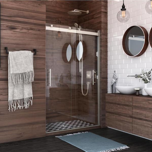 Luna Lite 48 in. W x 76 in. H Sliding Bypassing Frameless Shower Door in Brushed Nickel Finish with Clear Glass