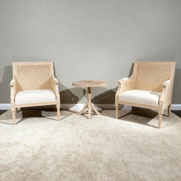 Dominica 34.6 in. Beige Rectangle Fabric Upholstered French Accent Armchair with Vintage Rattan Hollow Out