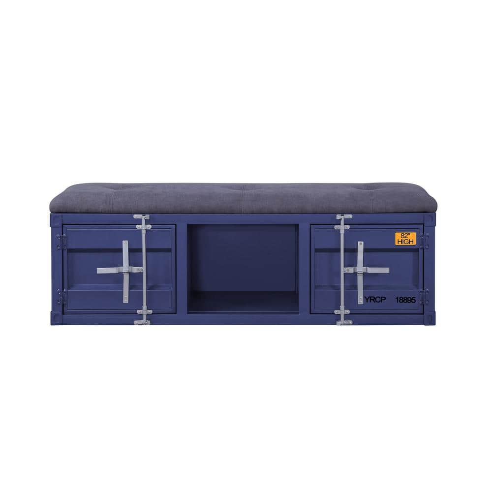 Blue Metal Storage Bench with Gray Fabric Seat