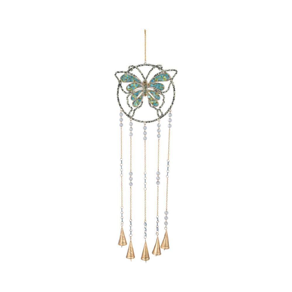 Blue 9 in. x 31 in. Metal Glass Mosaic Butterfly with Bells Wind Chime