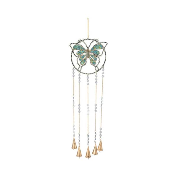 Liv & Skye Blue 9 in. x 31 in. Metal Glass Mosaic Butterfly with Bells Wind Chime