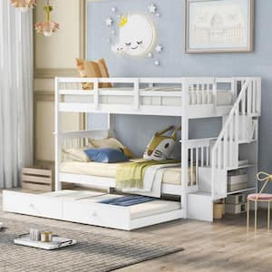 White Twin-Over-Twin Stairway Bunk Bed with Trundle, Wood Kid Bunk Beds with 4 Storage Staircases and Guardrail