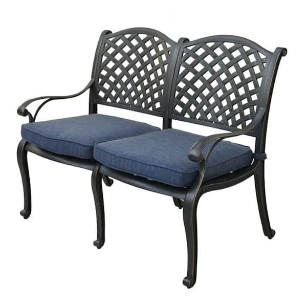 Mondawe 46 in. W 2-Person Dark Black Aluminum Frame Outdoor Bench with CushionGuard Navy Blue Cushion for Garden, Yard, Balcony