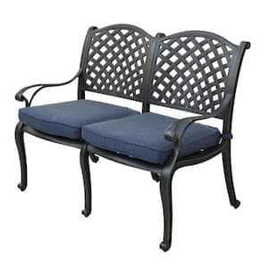 46 in. W 2-Person Dark Black Aluminum Frame Outdoor Bench with CushionGuard Blue Cushion for Garden, Yard, Balcony