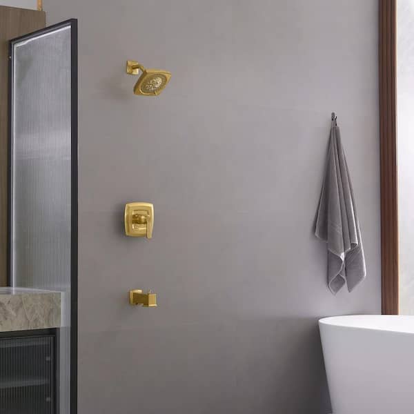 Single Handle 2-Spray Rain Shower Faucet Set 1.8 GPM with Tub Spout Combo High Pressure in Brushed Gold (Valve Included)