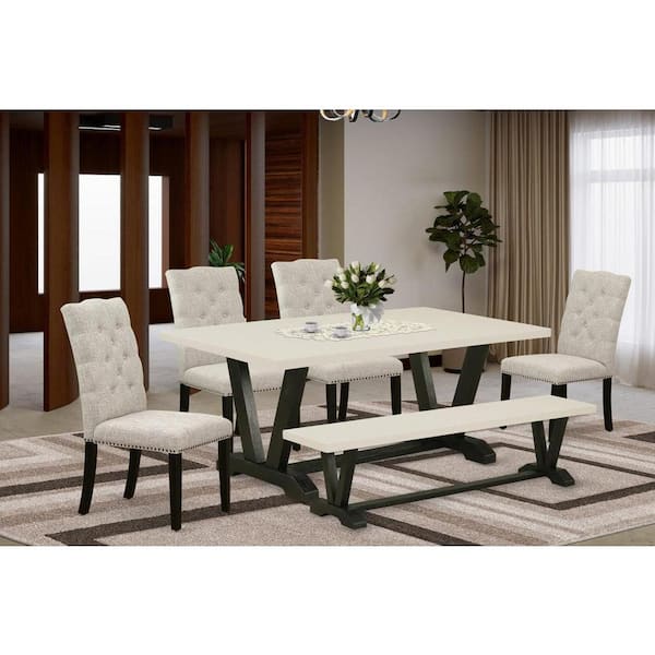 East West Furniture 6-Piece Rectangle Natural Oak Finish Solid Wood Top Dining Table with 1 Bench, 4 Chairs with Lattice Back
