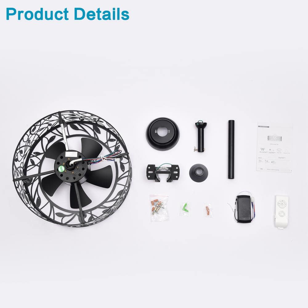 18" Matte Black Caged Ceiling Fan with Remote and Light